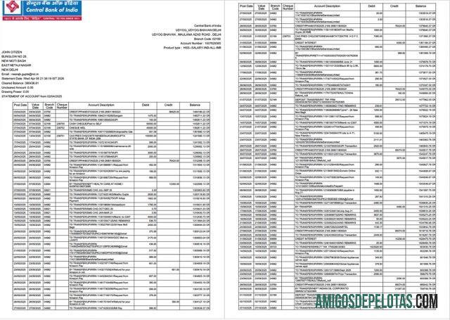 extrato de conta em branco do Banco Central da Índia, modelo Word e PDF, 2 páginas